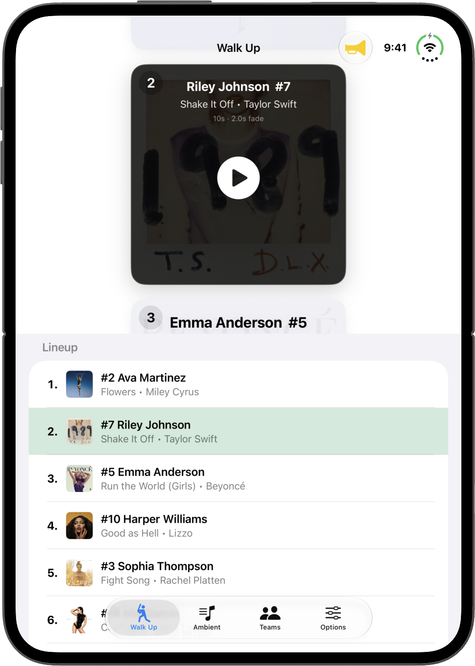 Walk Up Songs on an open iPhone Duo, with the player card above the lineup on the inner display